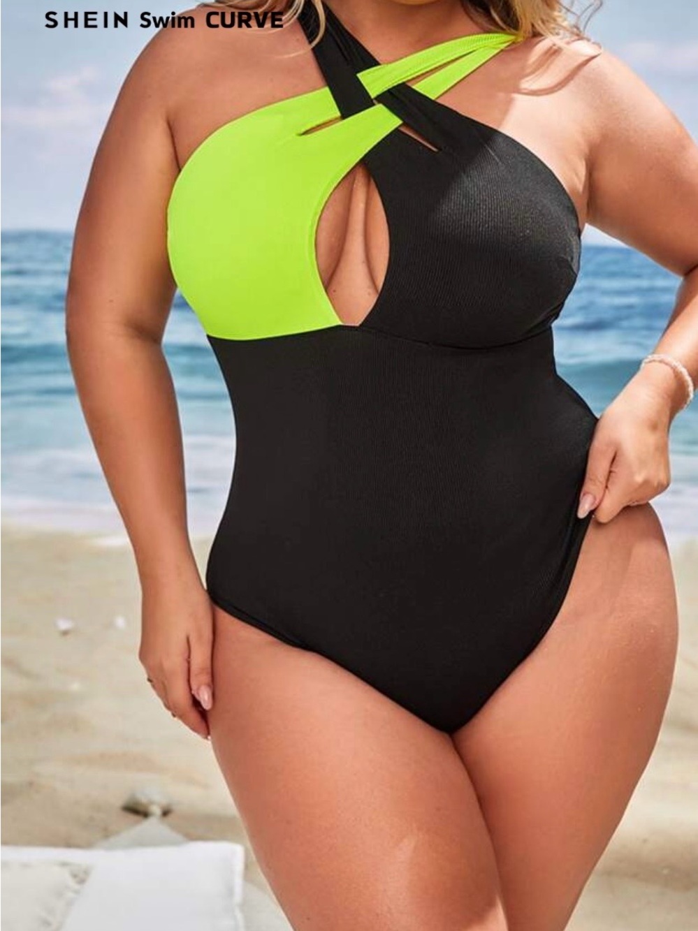 SHEIN Lime Green and Black Crisscross One-Piece Swimsuit